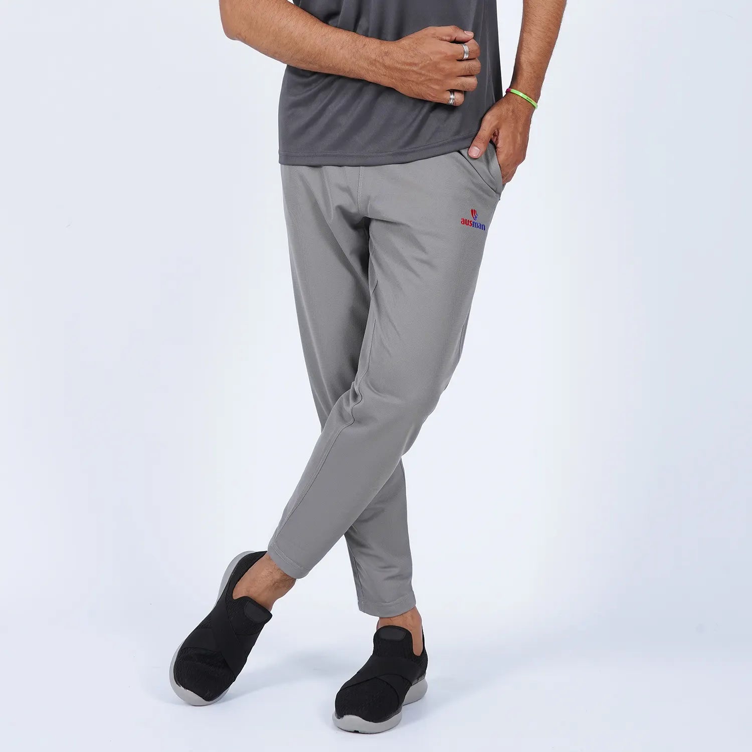 ausman SideStripe Active Trouser Grey White for men, slim fit Micro PK trouser with white stripe detail and invisible zip style. mens trousers pakistan