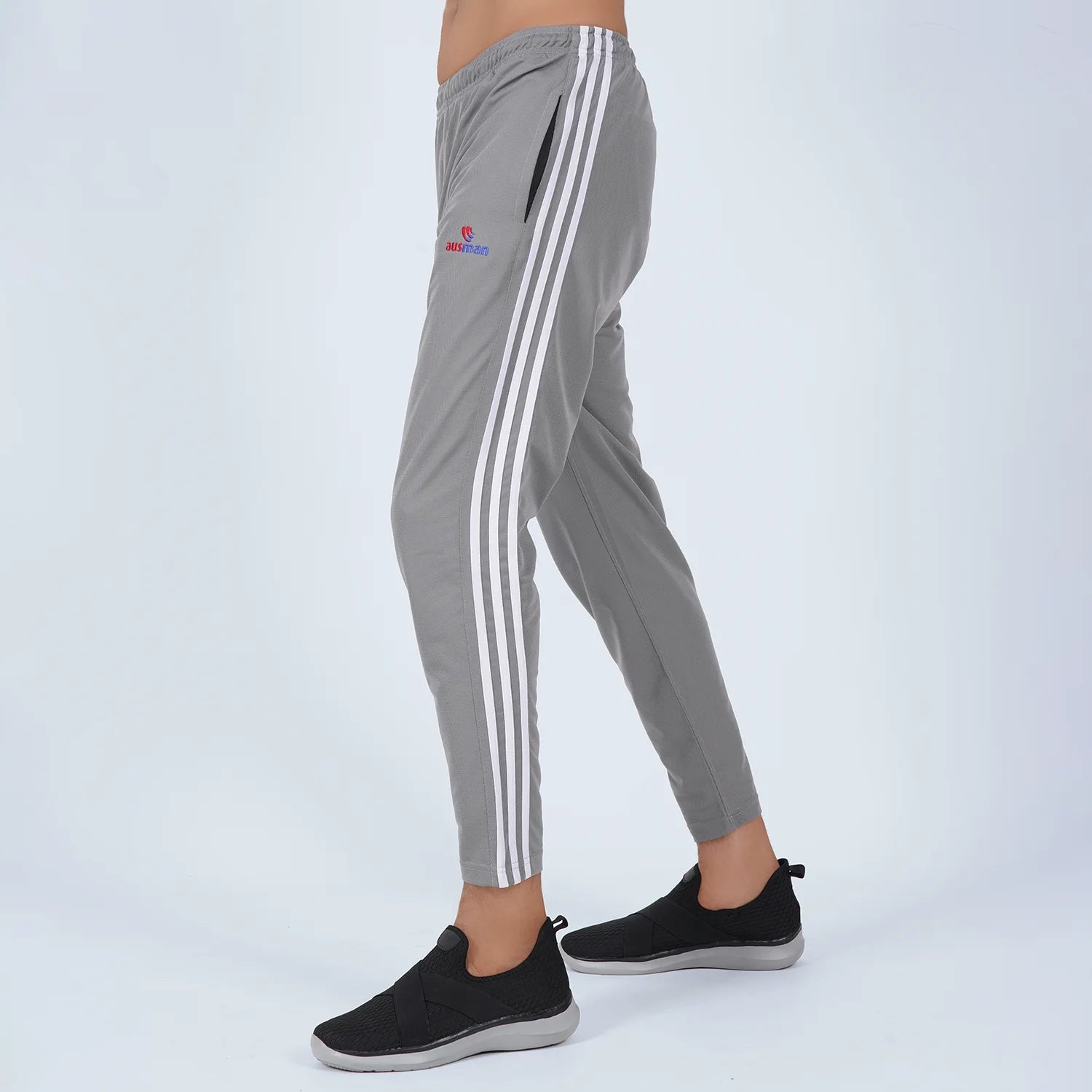 ausman SideStripe Active Trouser Grey White for men, slim fit Micro PK trouser with white stripe detail and invisible zip style. trousers pakistan