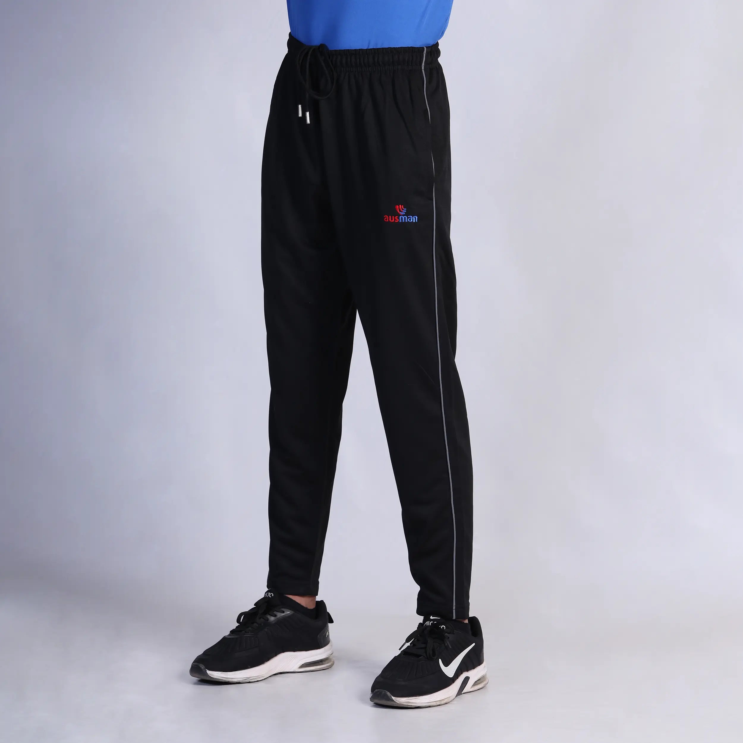 ausman TerryFlex Active Trouser Black Grey for men, slim fit Polyester Terry active trouser with grey contrast and invisible zip style. Summer trousers men