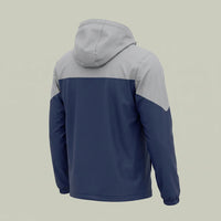 The side view from the back of custom corporate event jacket in navy and gray with removable hood, made by ausman Pakistan