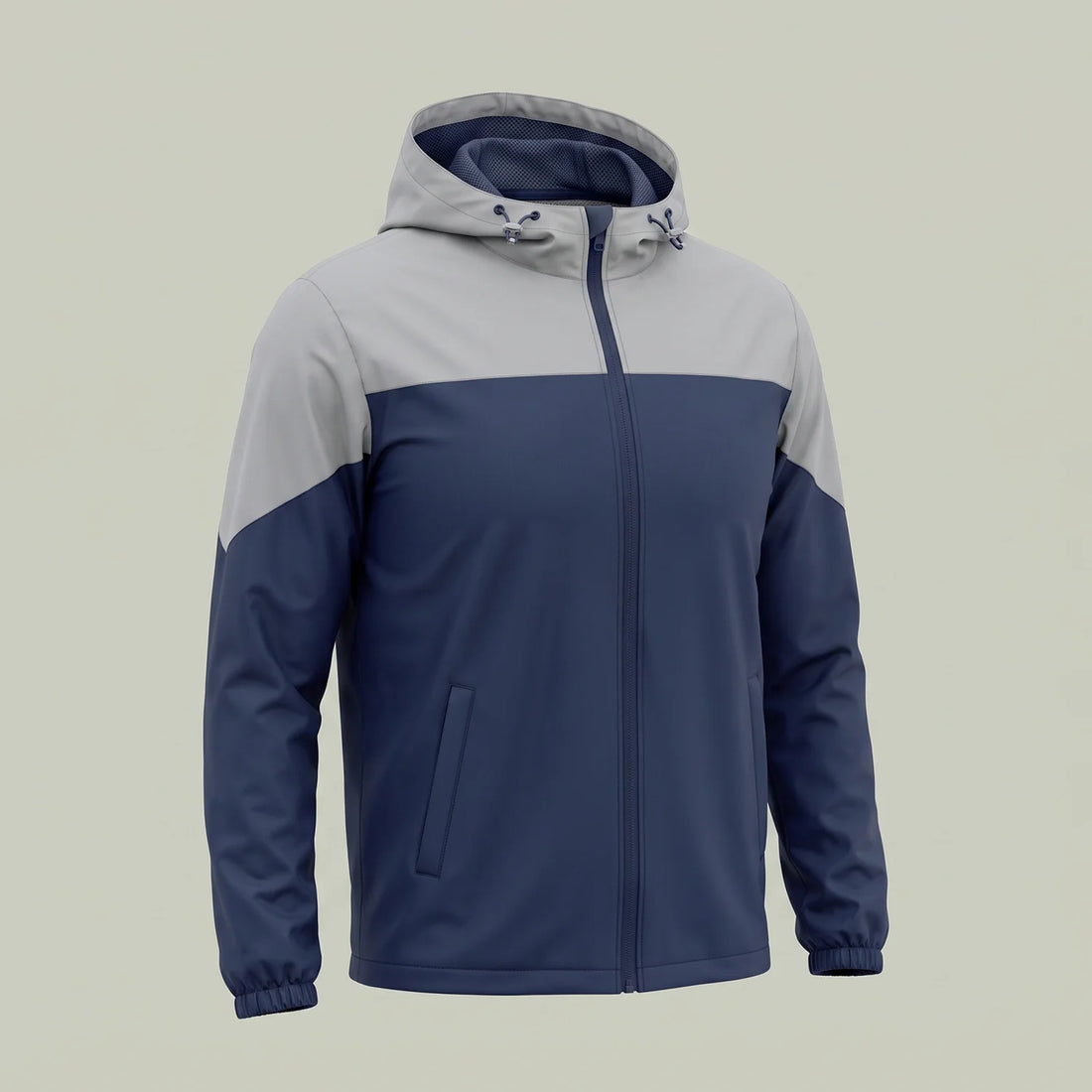 Custom corporate event jacket in navy and gray with removable hood, made by ausman Pakistan