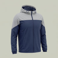 Side view of custom corporate event jacket in navy and gray with removable hood, made by ausman Pakistan