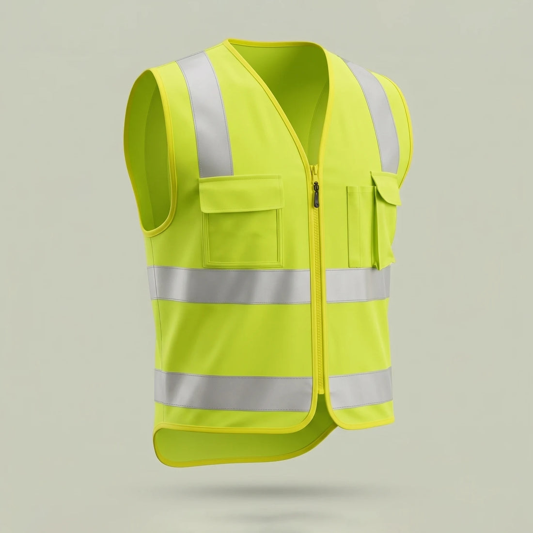 Custom hi-vis reflective safety vest in fluorescent yellow with zip front and reflective tape, made by ausman Pakistan