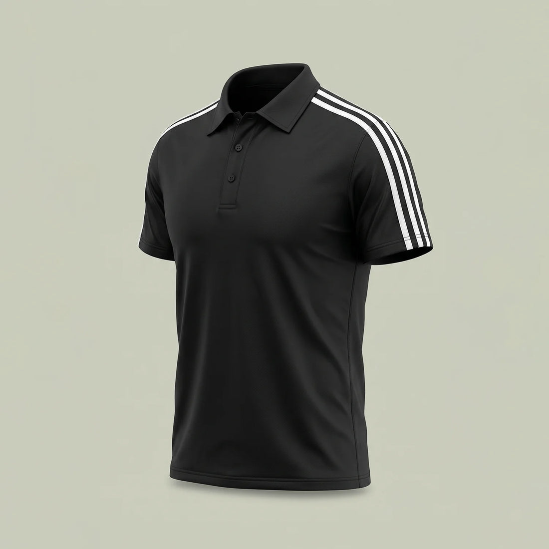 Custom black striped polo shirt with white shoulder stripes in performance mesh, made by ausman Pakistan