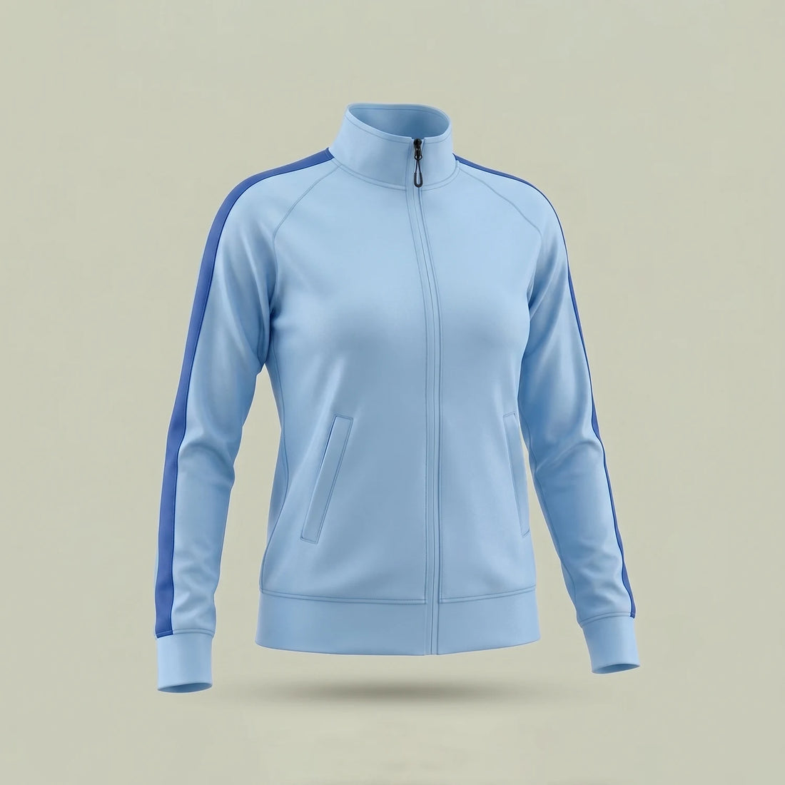 Custom women's track jacket in purple with gold sleeve stripe, made by ausman Pakistan