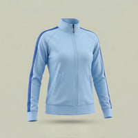 Custom women's track jacket in light blue with royal blue sleeve stripe, made by ausman Pakistan