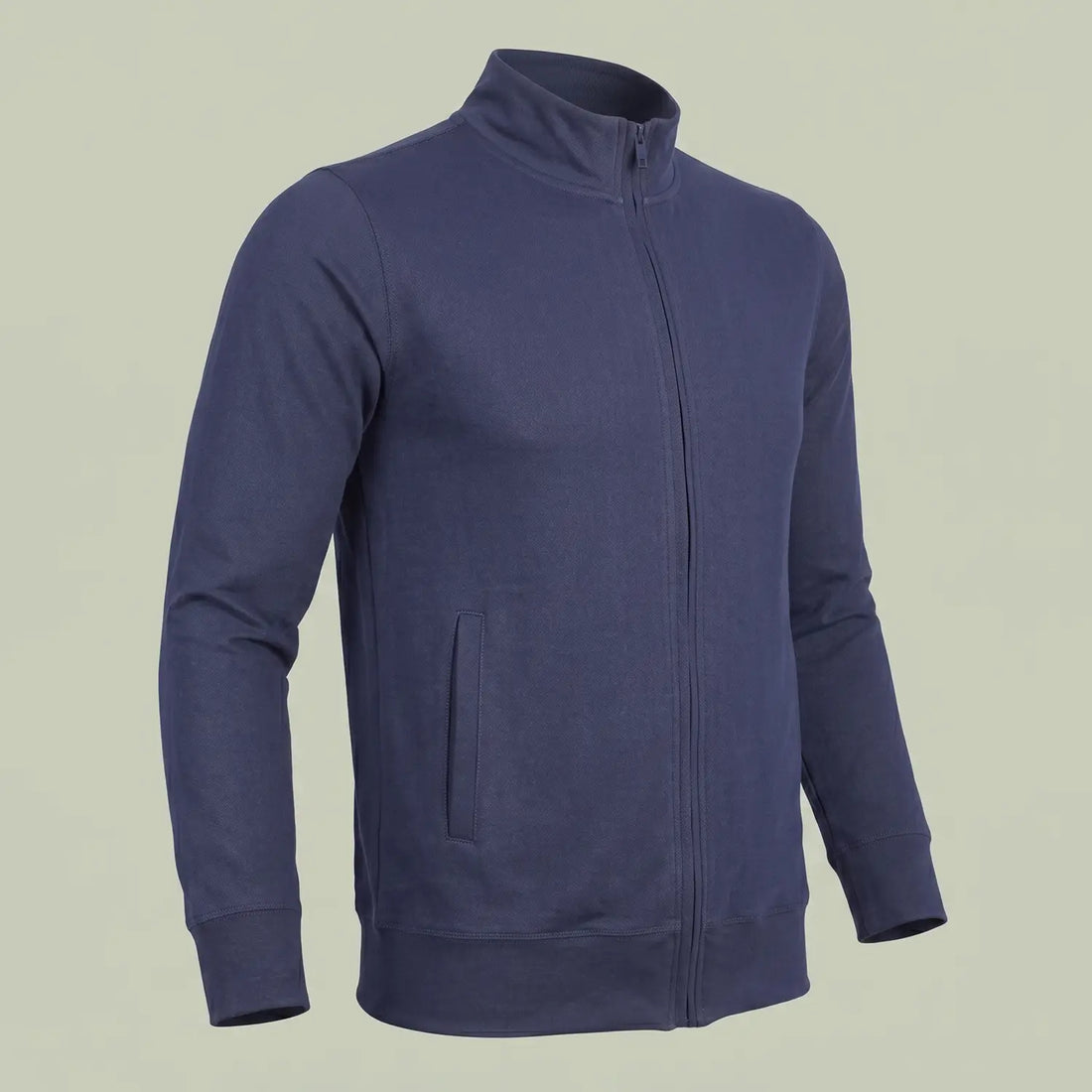 Custom navy zip-up sweatshirt in denim-look stretch fabric with stand collar, made by ausman Pakistan