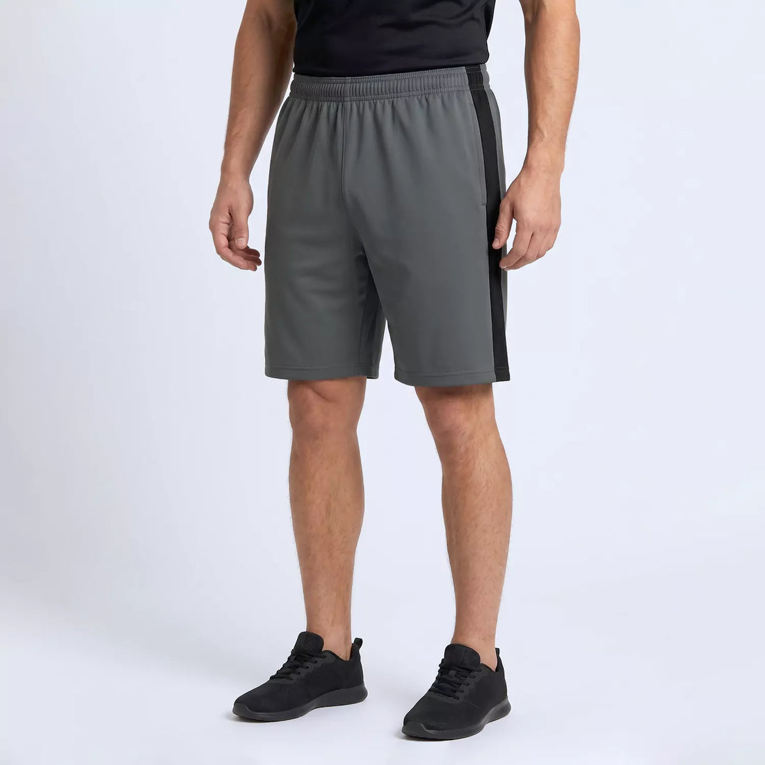 Slate Panel Shorts in grey with black contrast side panels, front view