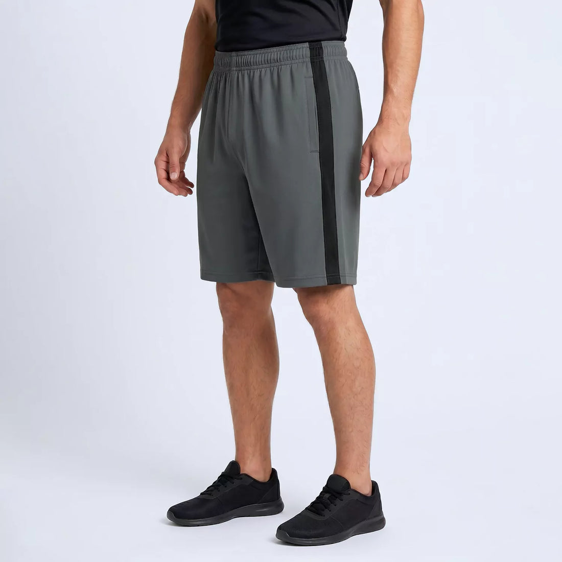 Slate Panel Shorts in grey with black contrast side panels, front view