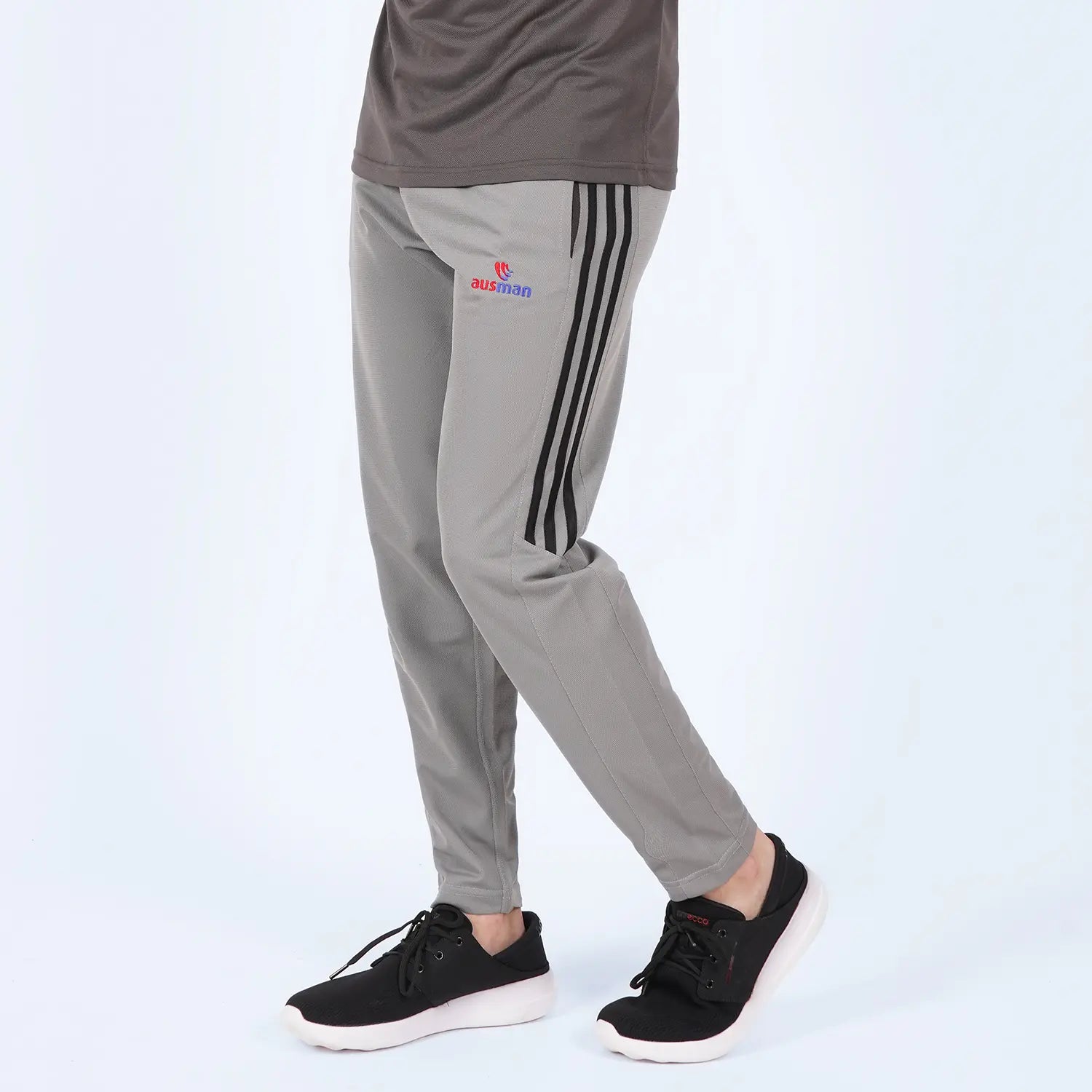 ausman HalfStripe Active Trouser Grey Black for men, slim fit Micro PK active trouser with black half-stripe detail and two pockets. sport trousers in pakistan