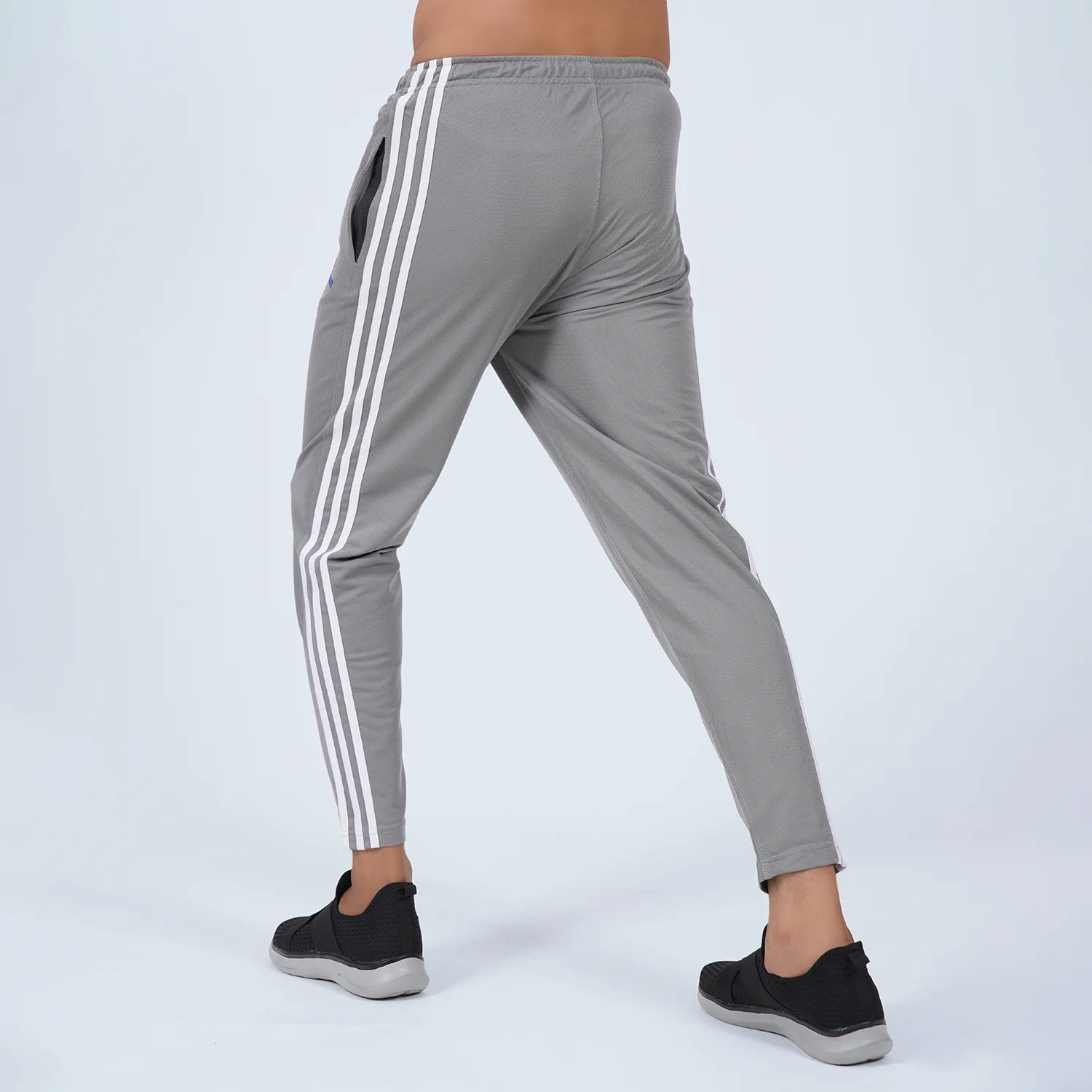 ausman SideStripe Active Trouser Grey White for men, slim fit Micro PK trouser with white stripe detail and invisible zip style. best sportswear manufacturers in pakistan