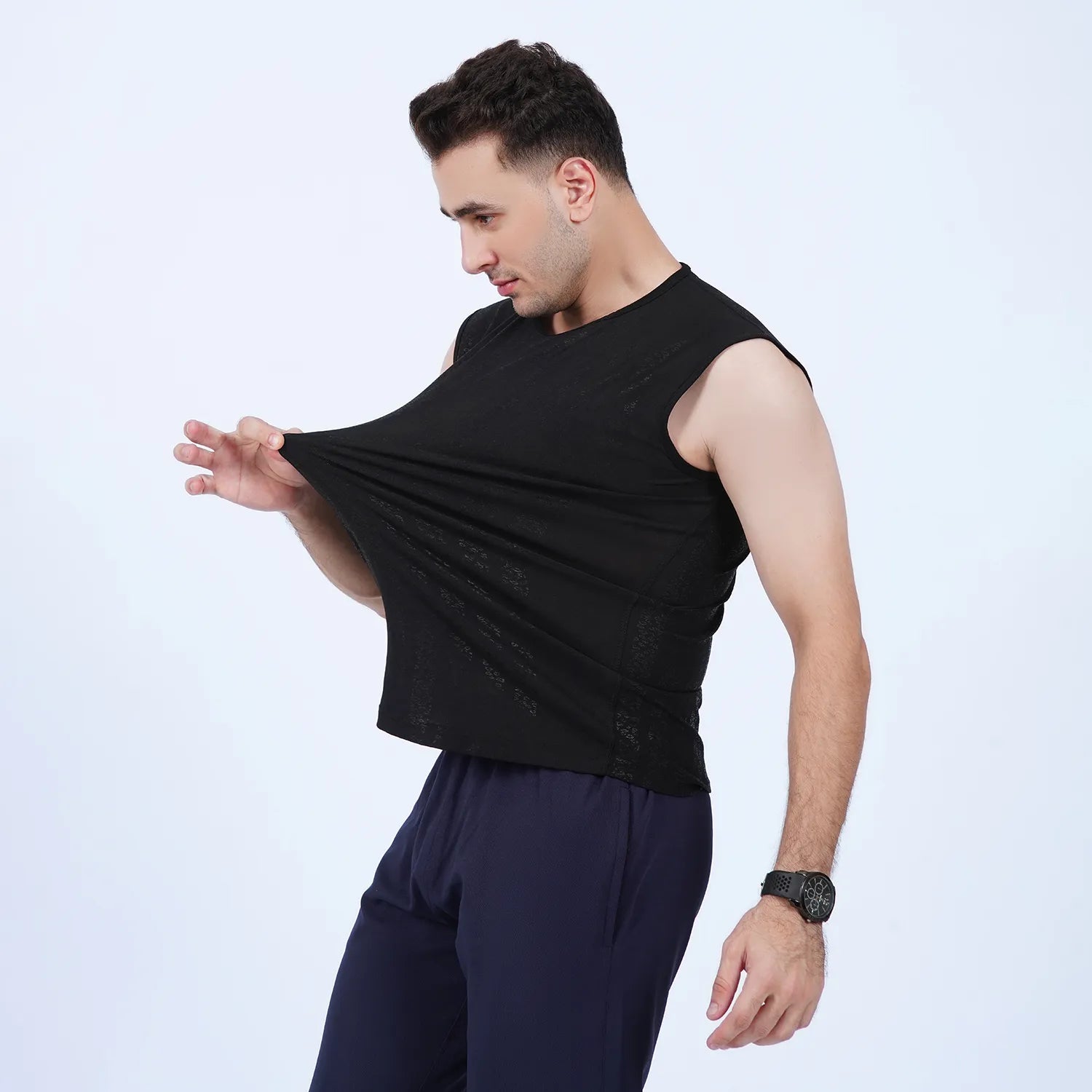 ausman EasyBreathe Printed Sleeveless Active Top Black for men, slim fit sleeveless gym and casual sportswear shirt.