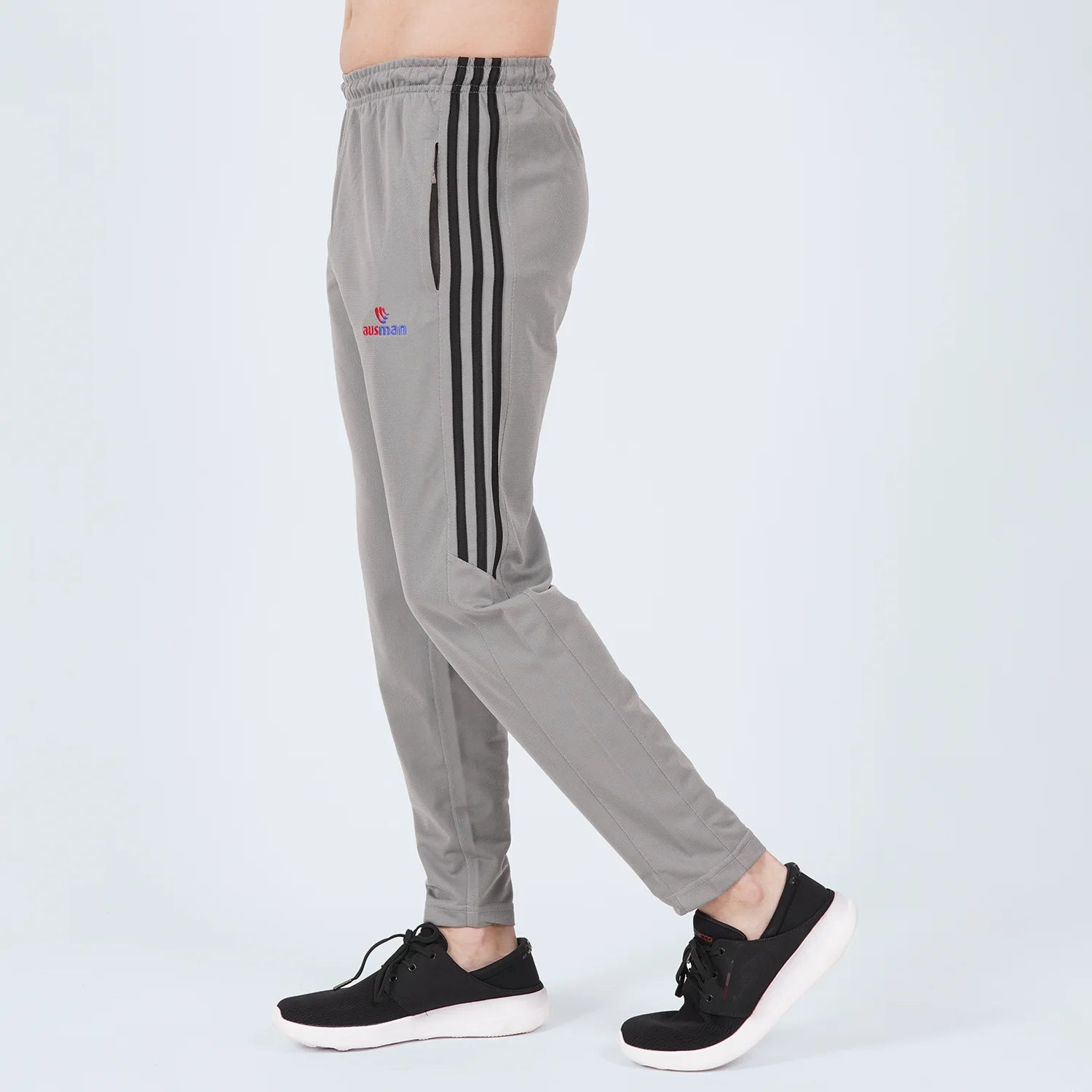 ausman HalfStripe Active Trouser Grey Black for men, slim fit Micro PK active trouser with black half-stripe detail and two pockets. trousers for mens in pakistan