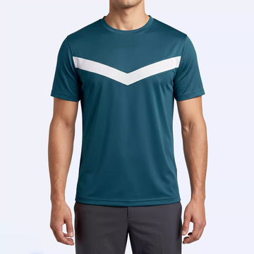 Vertex sports tee in deep teal with white chest V-panel, front view