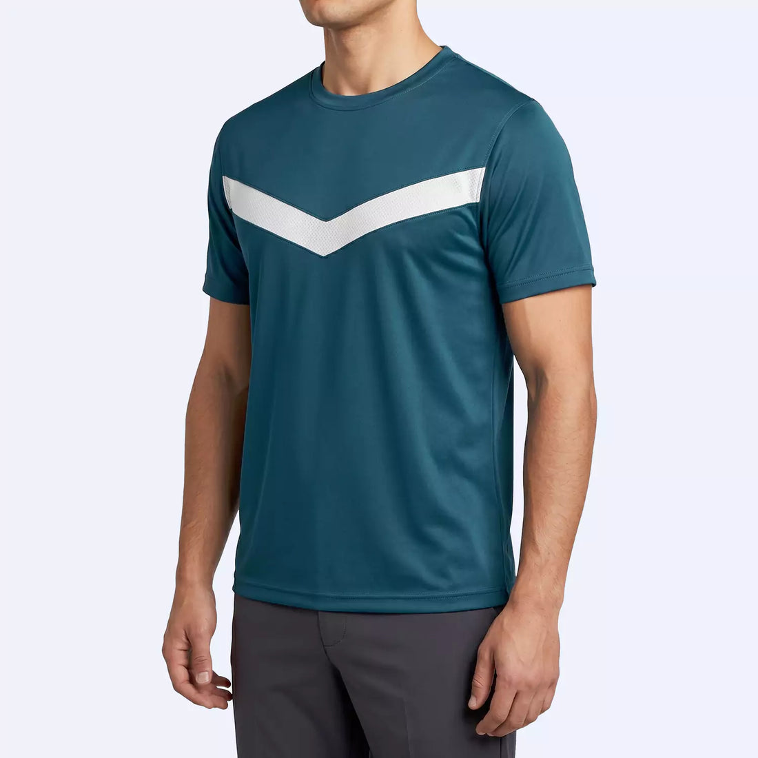 Vertex sports tee in deep teal with white chest V-panel, front view