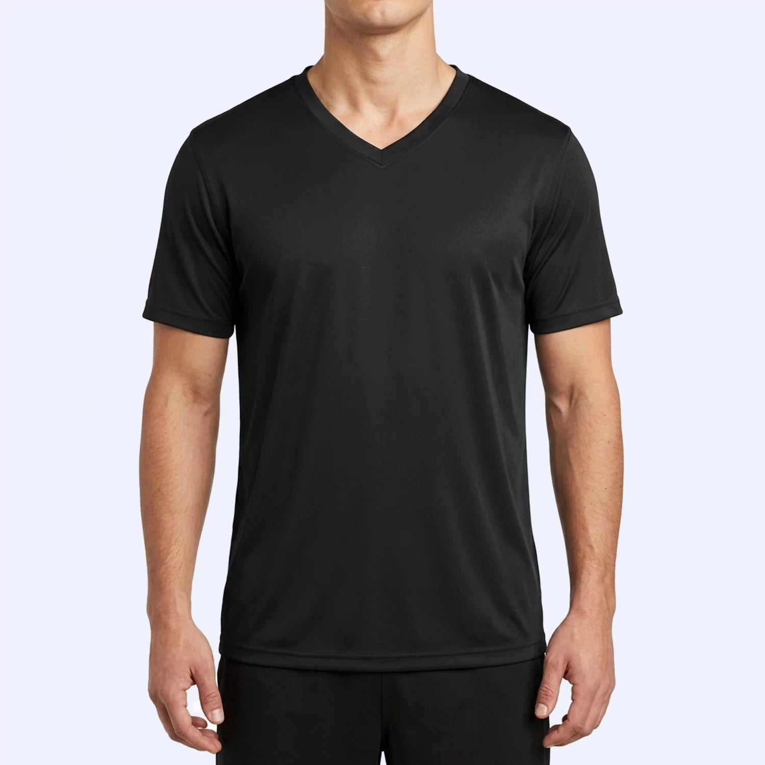 Vortex V-neck sports tee in black, front view showing ribbed V-neck binding