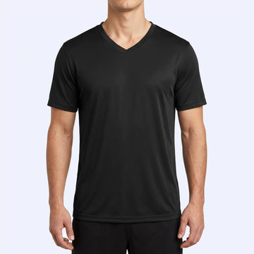 Vortex V-neck sports tee in black, front view showing ribbed V-neck binding