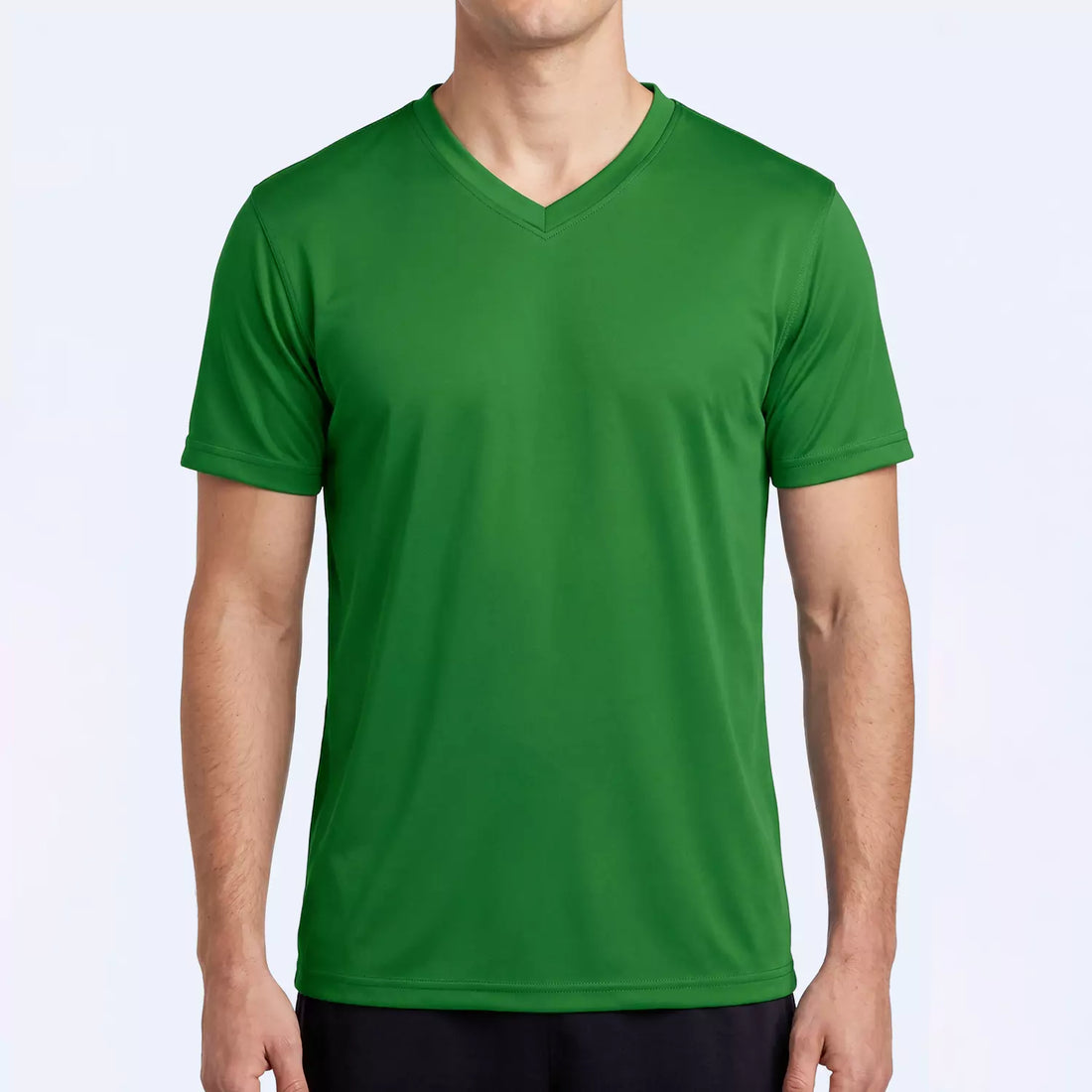 Vortex V-neck sports tee in emerald green, front view showing ribbed V-neck binding