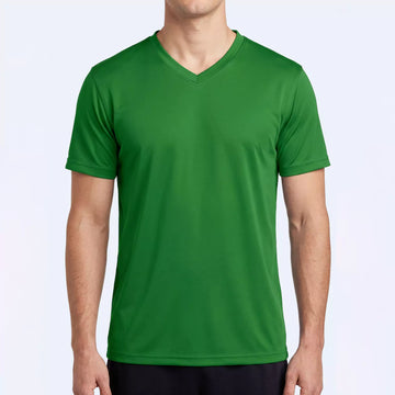 Vortex V-neck sports tee in emerald green, front view showing ribbed V-neck binding