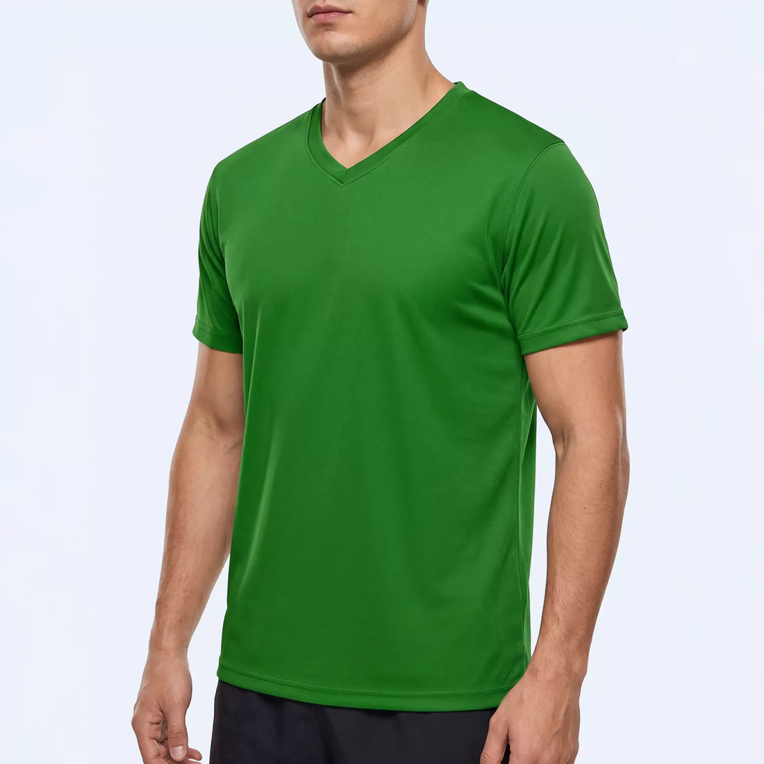 Vortex V-neck sports tee in emerald green, front view showing ribbed V-neck binding
