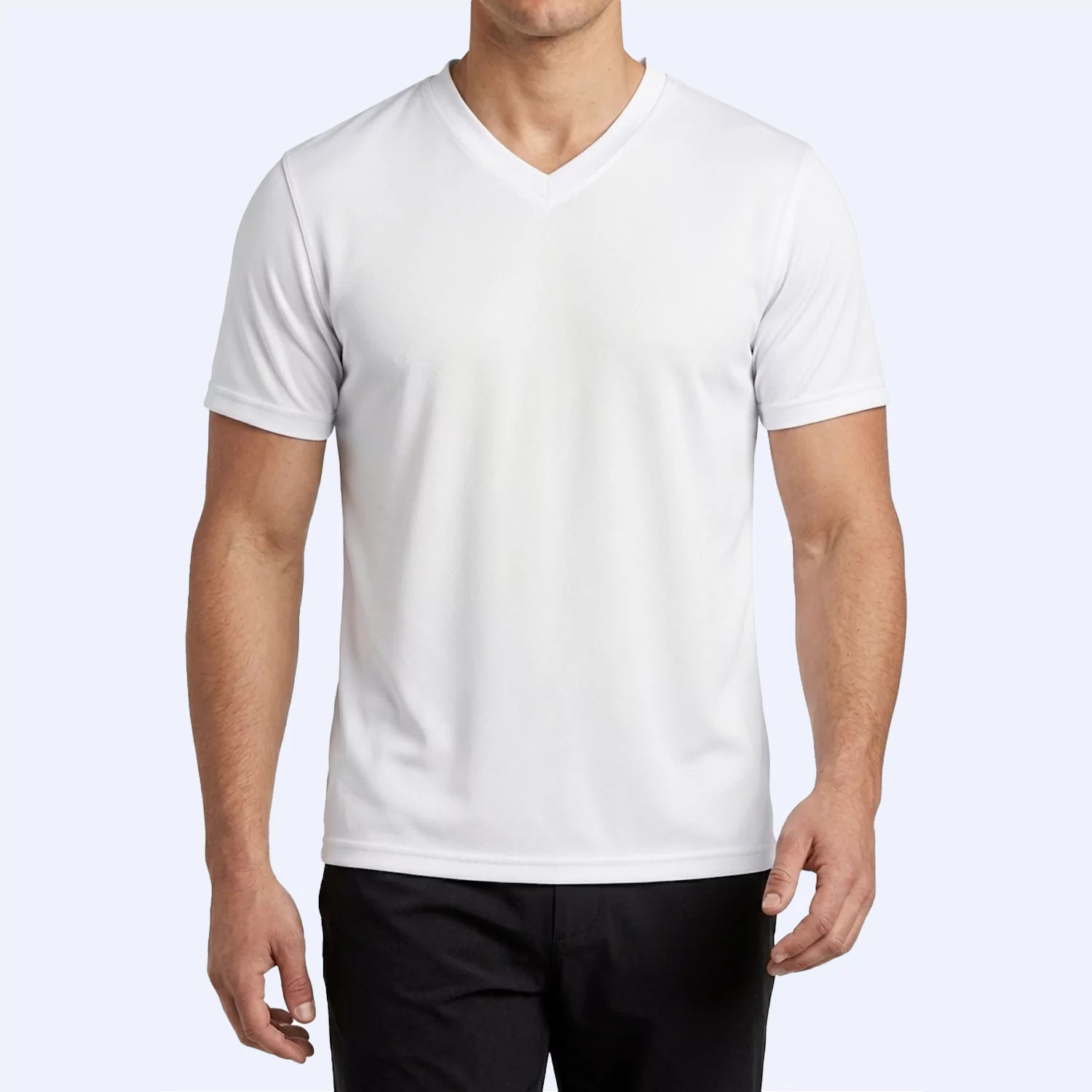 Vortex V-neck sports tee in white, front view showing ribbed V-neck binding