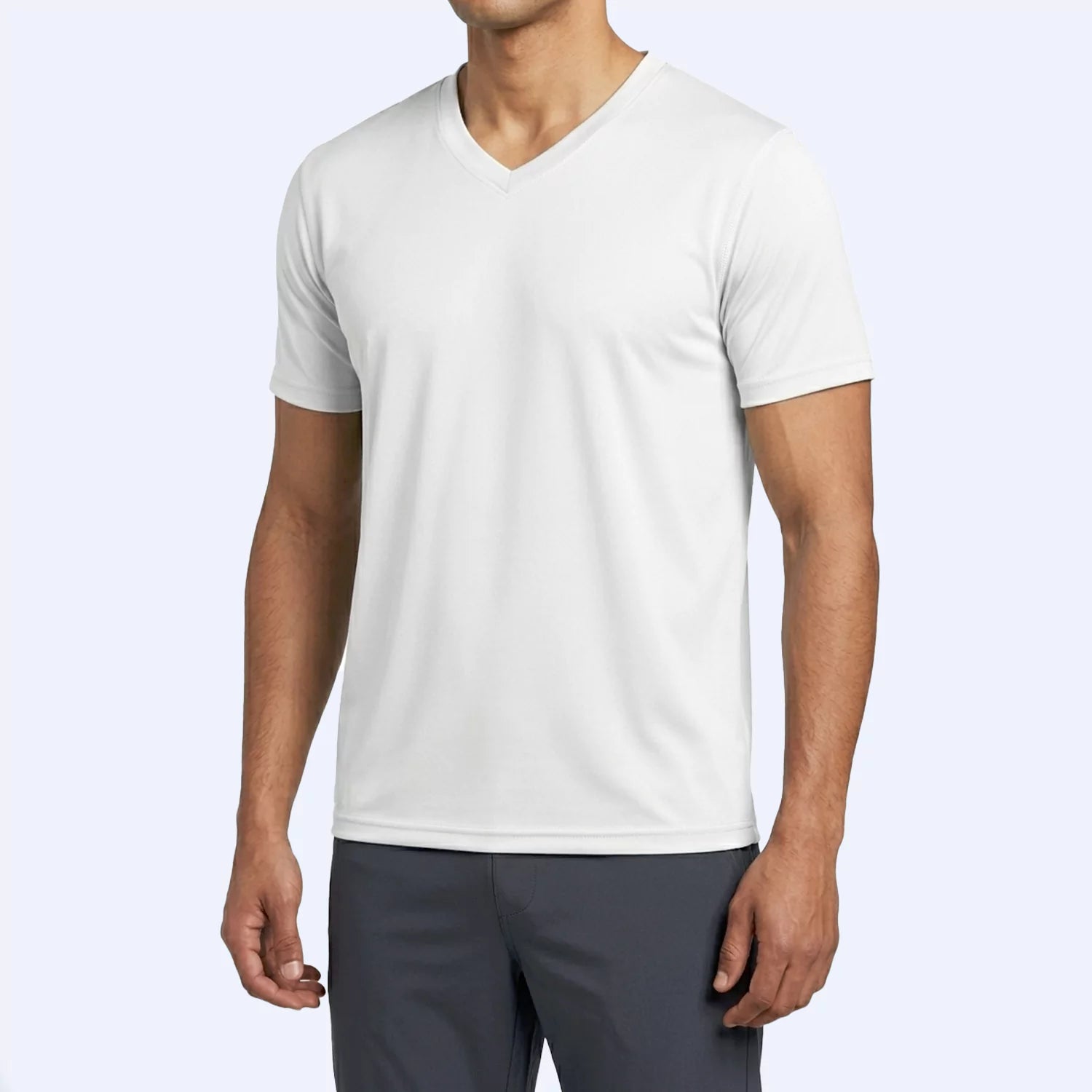 Side angle of the white Vortex V-neck tee showing slim fit through the torso