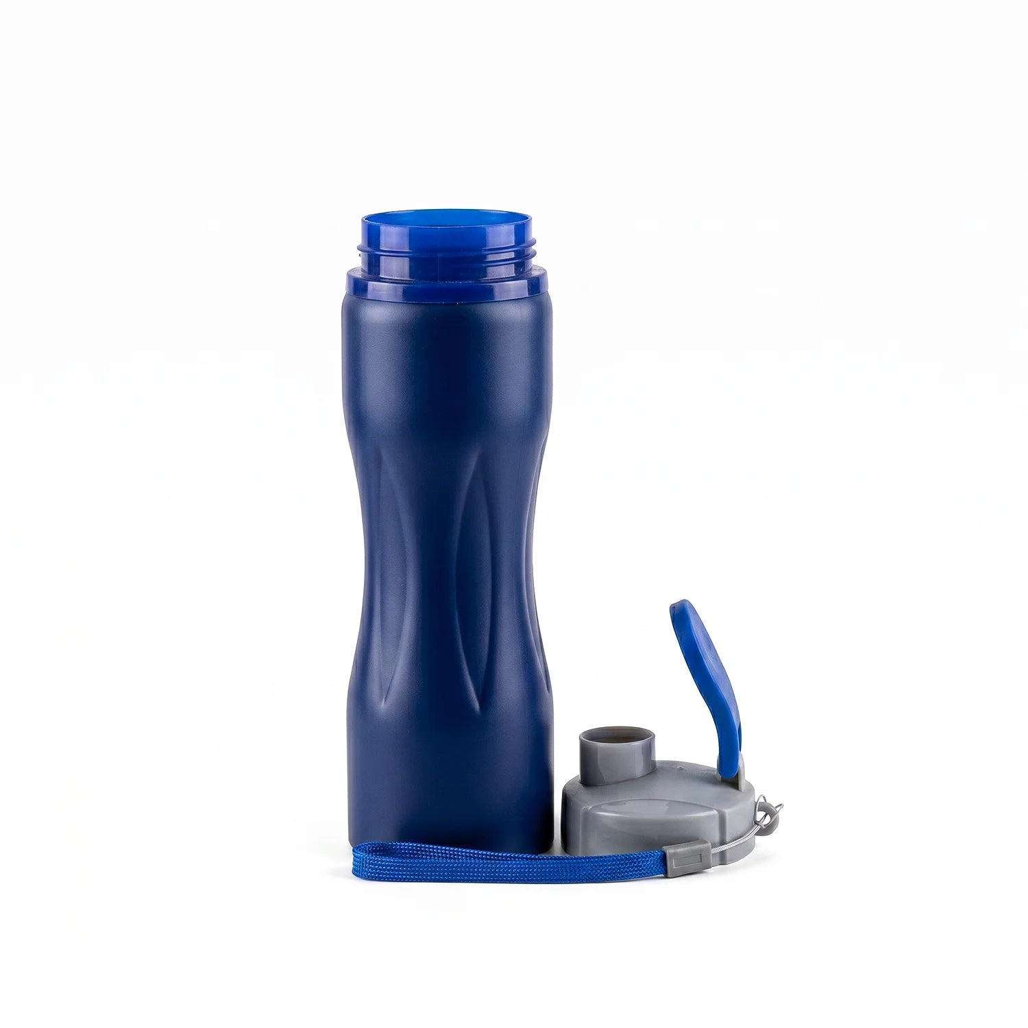 Blue water bottle with a carrying strap on a white background