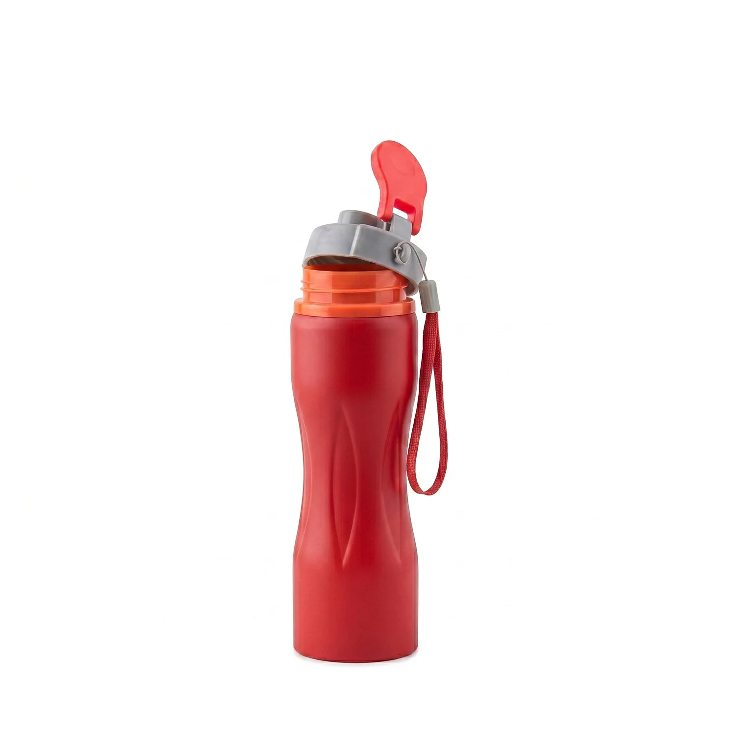Red water bottle with a carrying strap on a white background