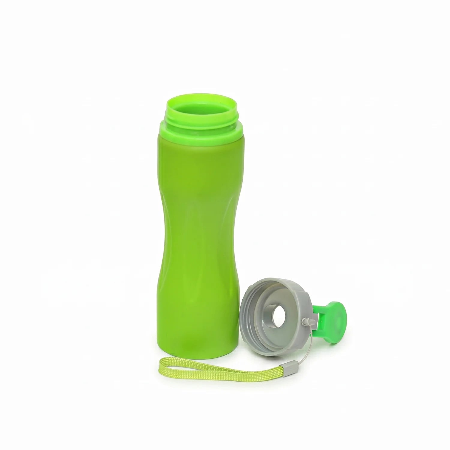 Green water bottle with a strap on a white background