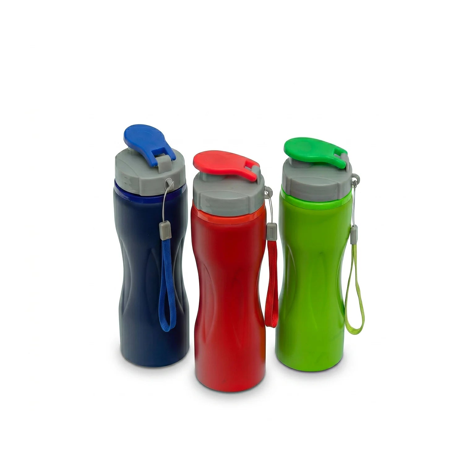 Three colorful water bottles with different colored lids on a white background