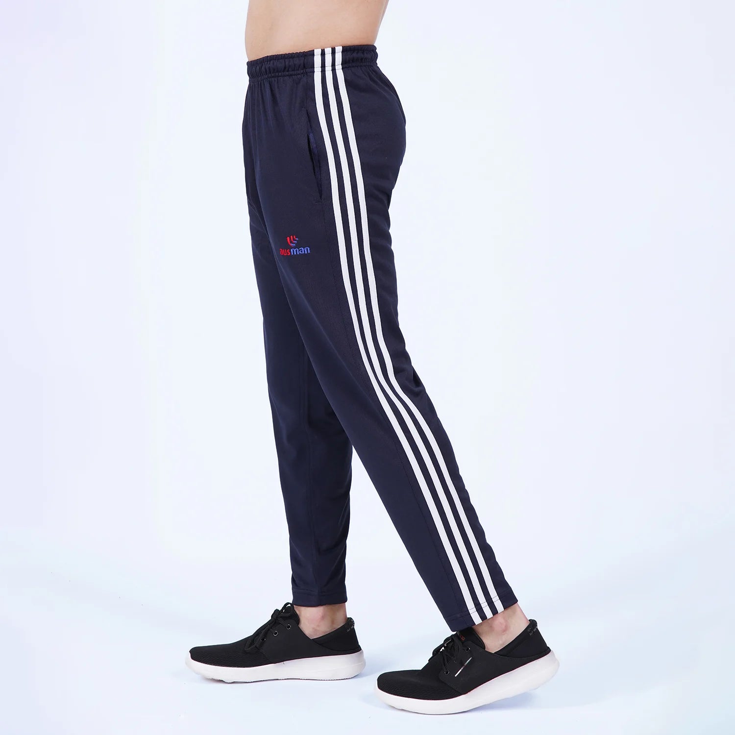 ausman TerryStripe Active Trouser Navy White for men, slim fit Micro Polyester Terry sports trouser with white stripe detail and invisible zip style. winter trousers men's pakistan