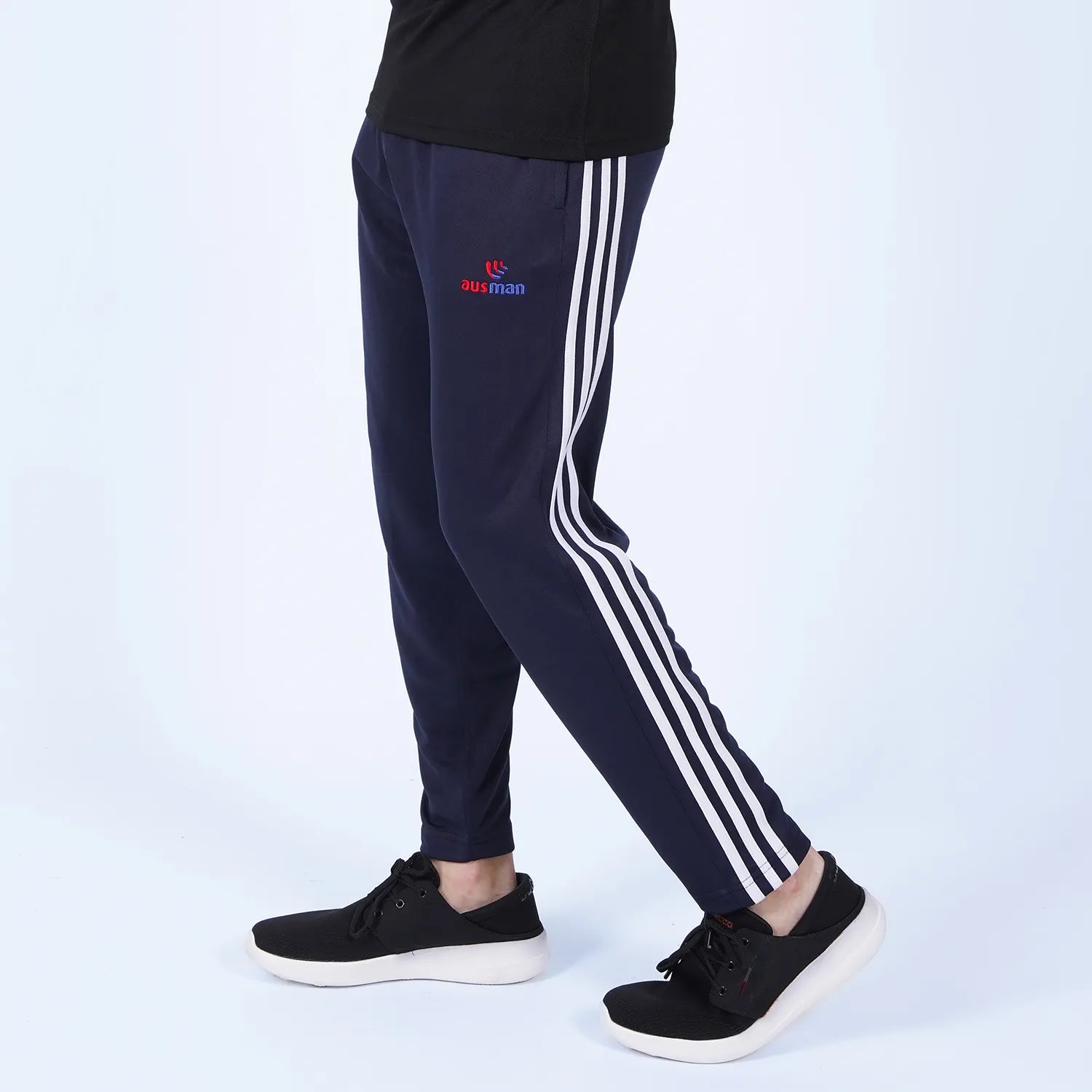 ausman TerryStripe Active Trouser Navy White for men, slim fit Micro Polyester Terry sports trouser with white stripe detail and invisible zip style. winter trousers pakistan