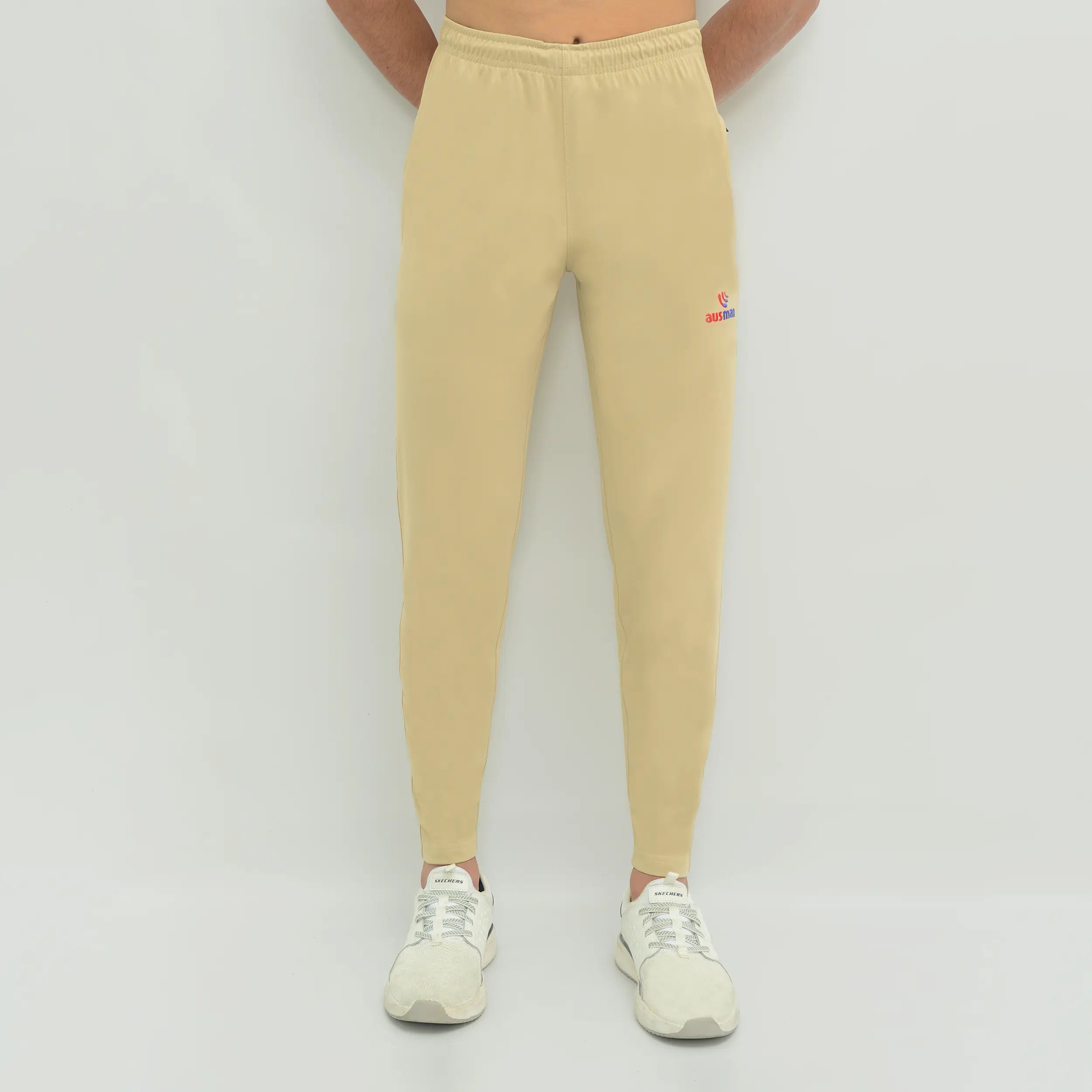 ausman Aivor Active Trouser Skin Beige for men, slim fit Lycra Jersey stretch trouser with two pockets and invisible zip style. men trousers online