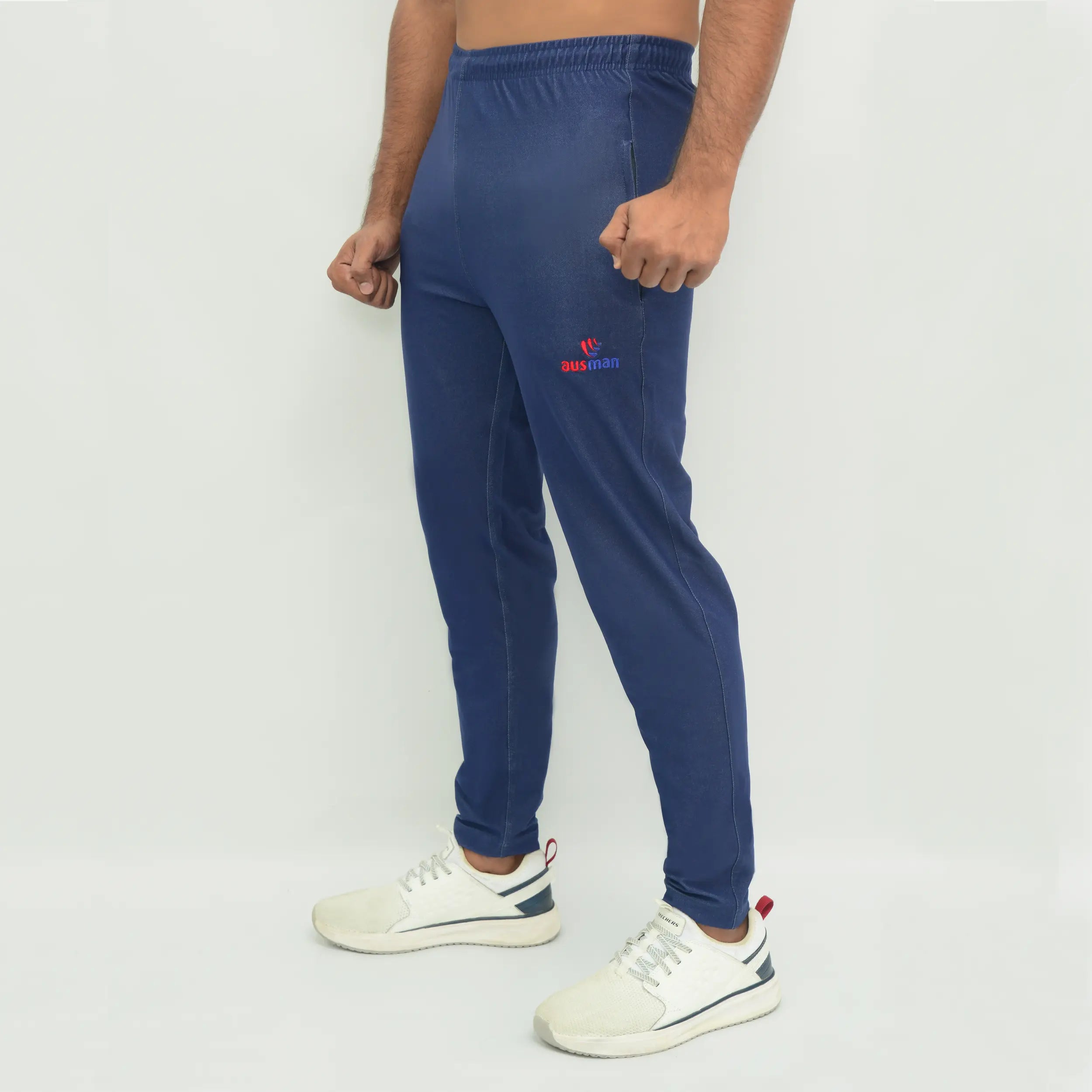 ausman Veyra Active Trouser Denim Blue for men, slim fit 4-way stretch active trouser with two pockets and invisible zip style. men trousers online