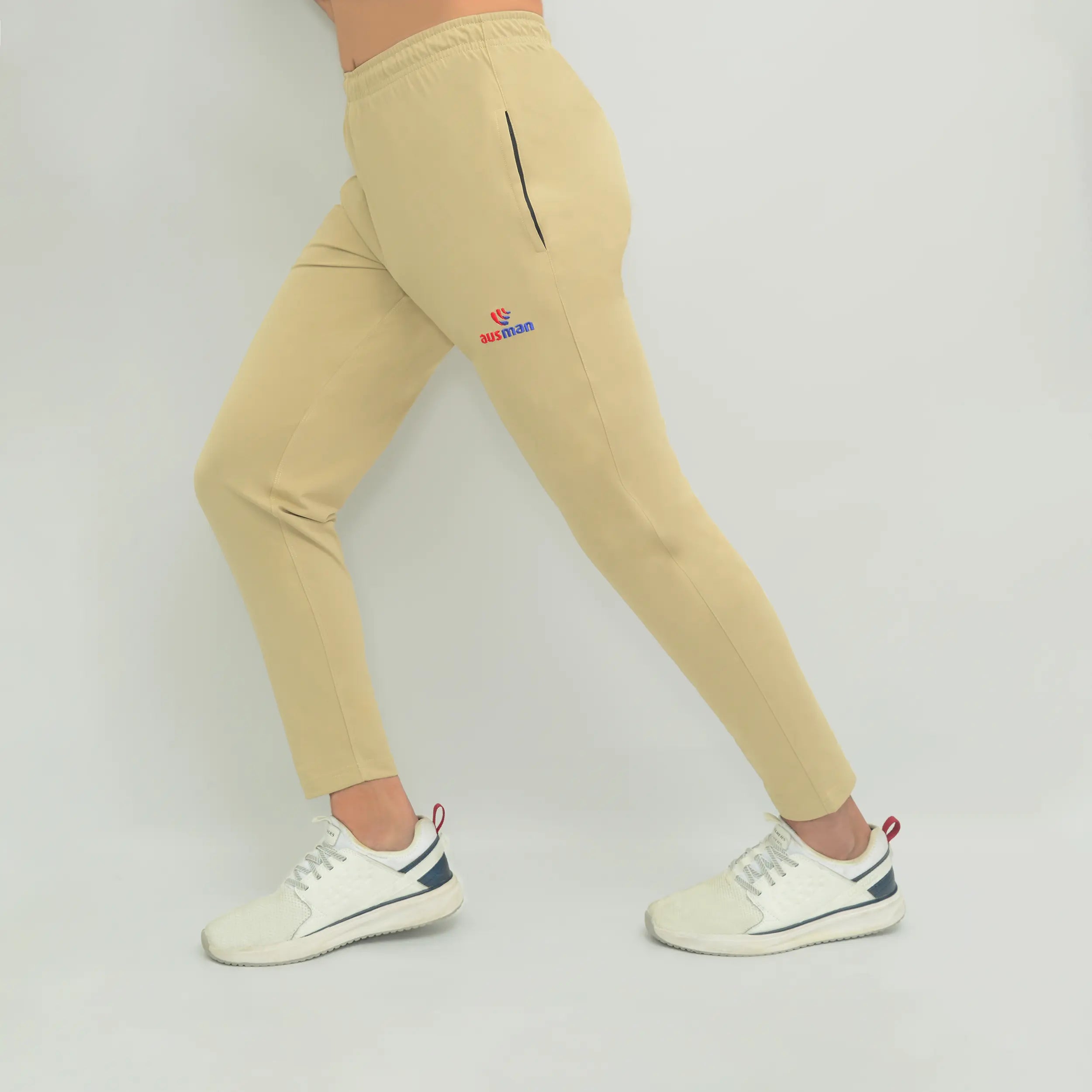  ausman Aivor Active Trouser Skin Beige for men, slim fit Lycra Jersey stretch trouser with two pockets and invisible zip style. men's trousers pakistan
